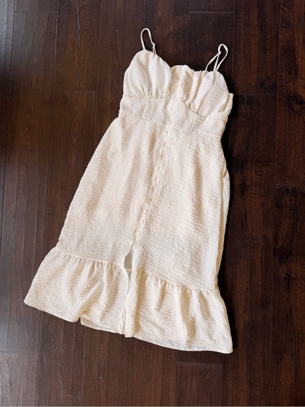 No Boundaries Cream Textured Midi Dress with Ruffle Hem